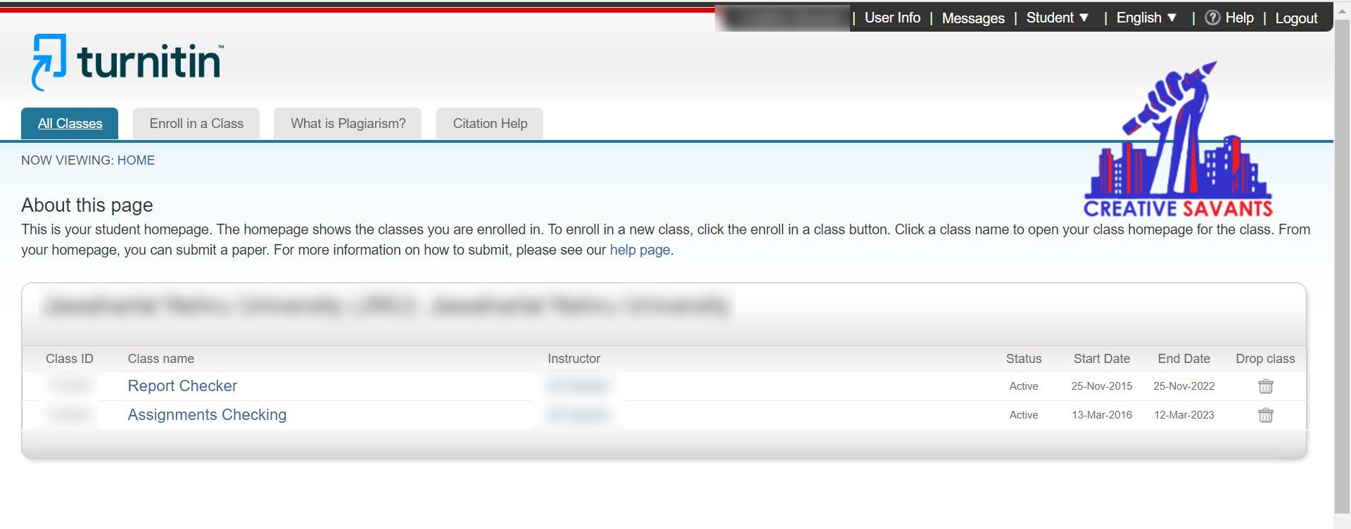 Turnitin class homepage